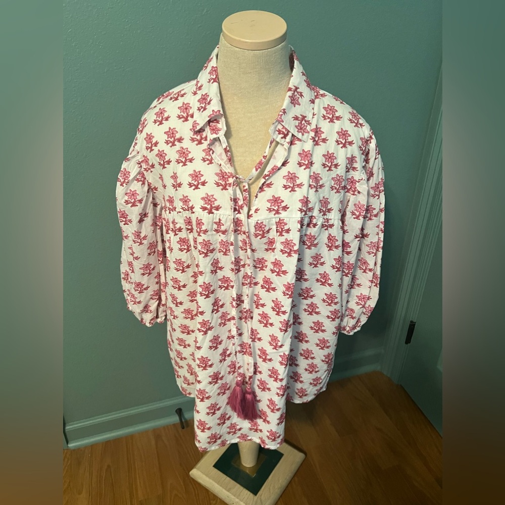 Victoria Dunn White Blouse with Pink Floral Print and Tassel Tie